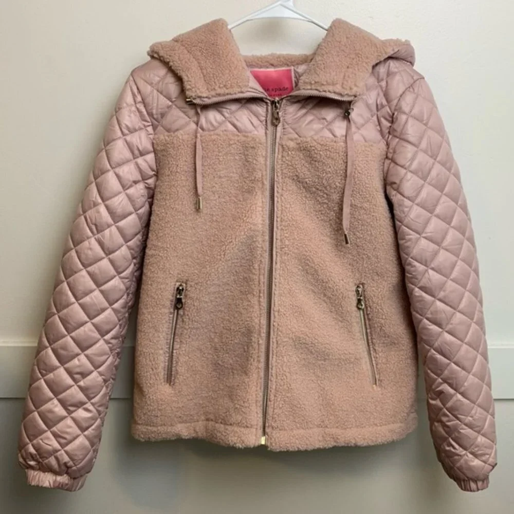 Kate Spade Light Pink Mixed Media Hooded Quilt Coat